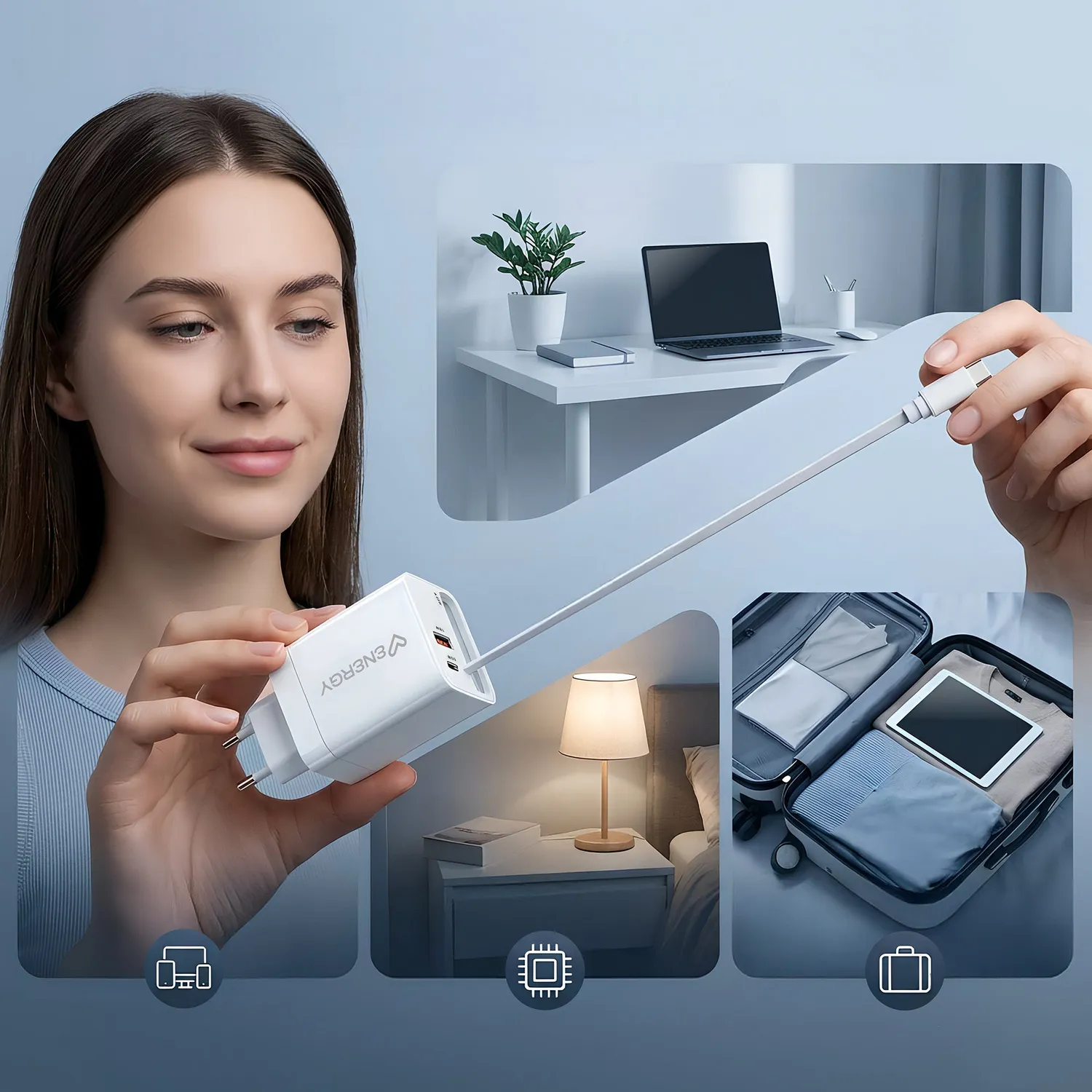 Energy Sistem Retractable Charger chargeur White 20W GaN
