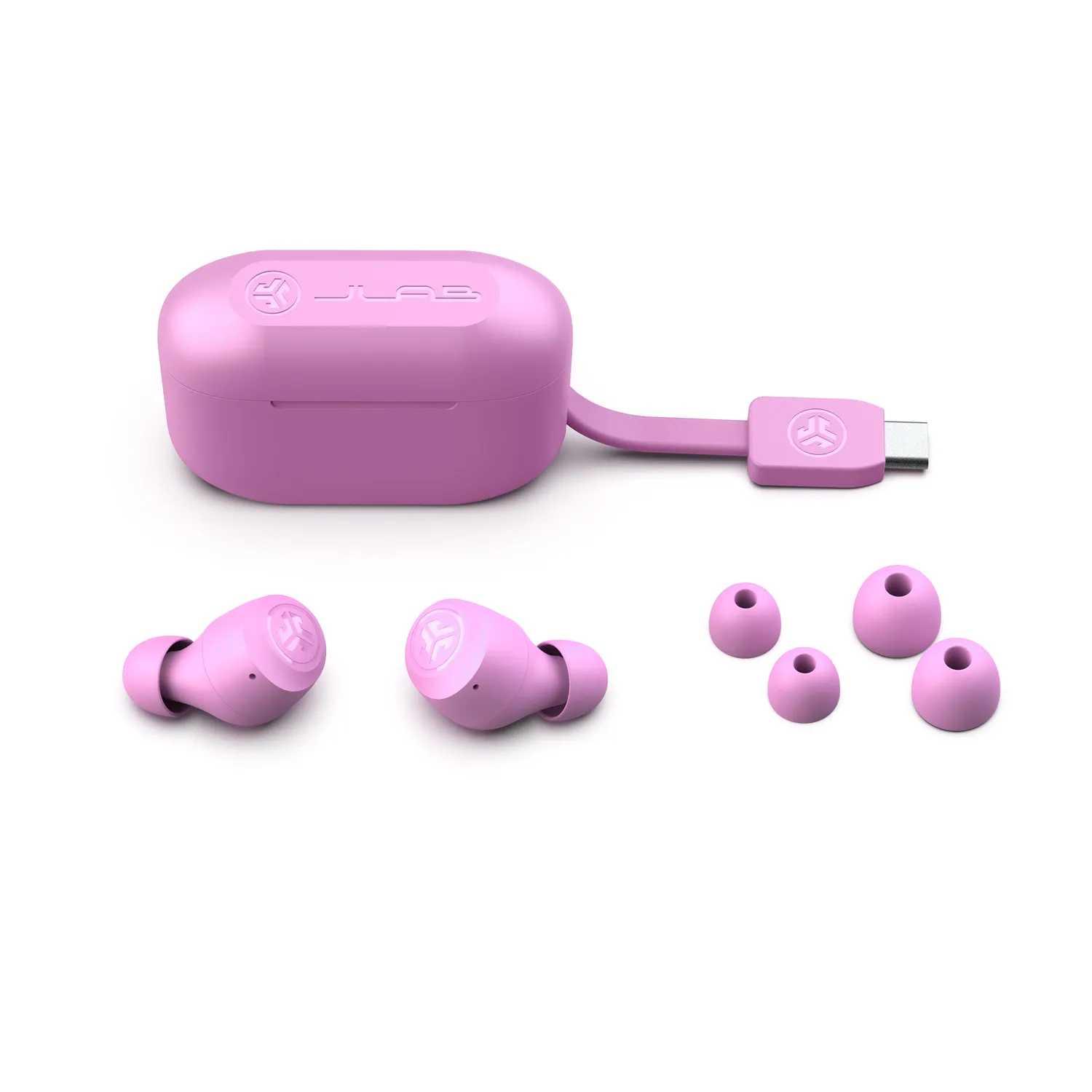 JLab GO Pop+ écouteurs bluetooth rose coffret foam