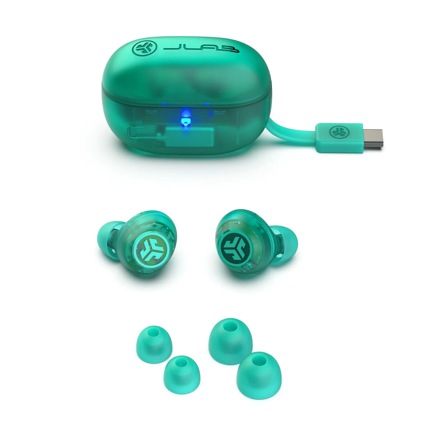 JLab GO Pop ANC ecouteurs bluetooth teal transparent