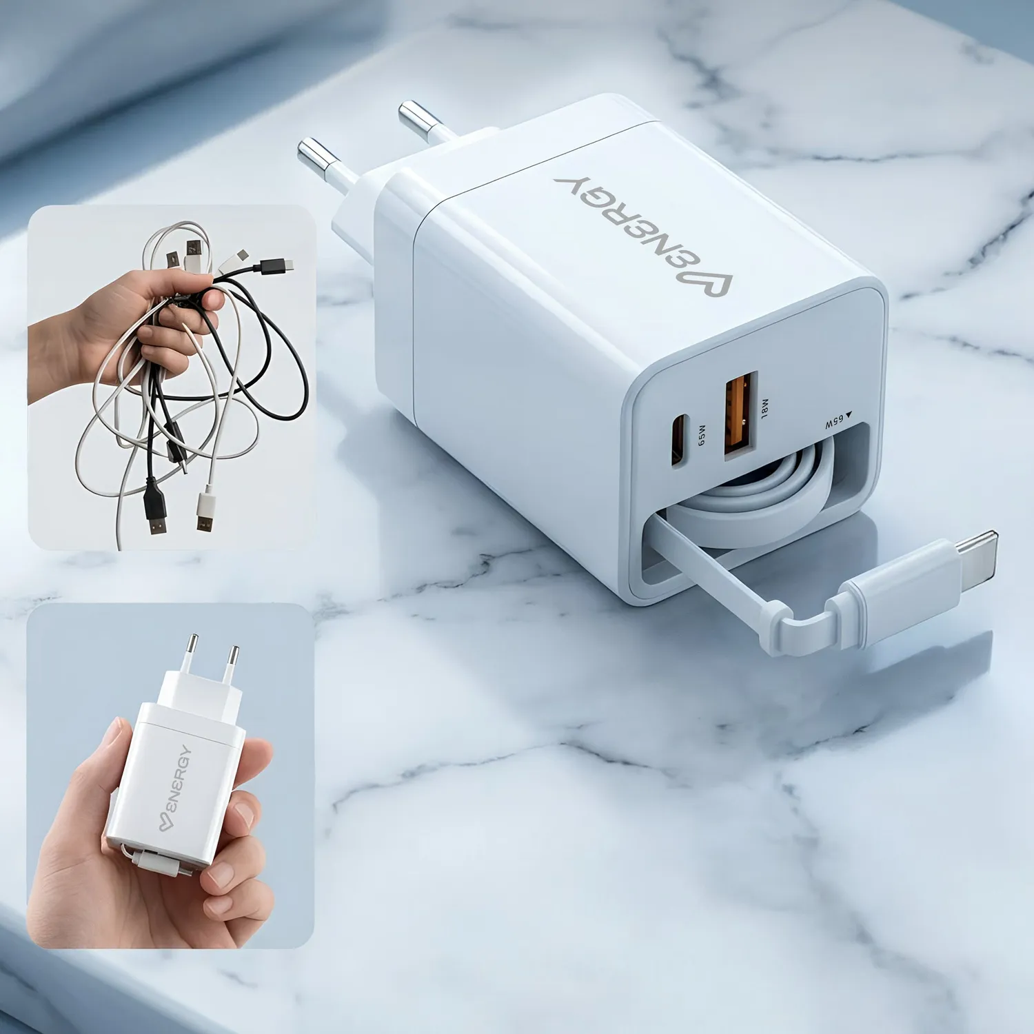 Energy Sistem Retractable Charger chargeur White 20W GaN