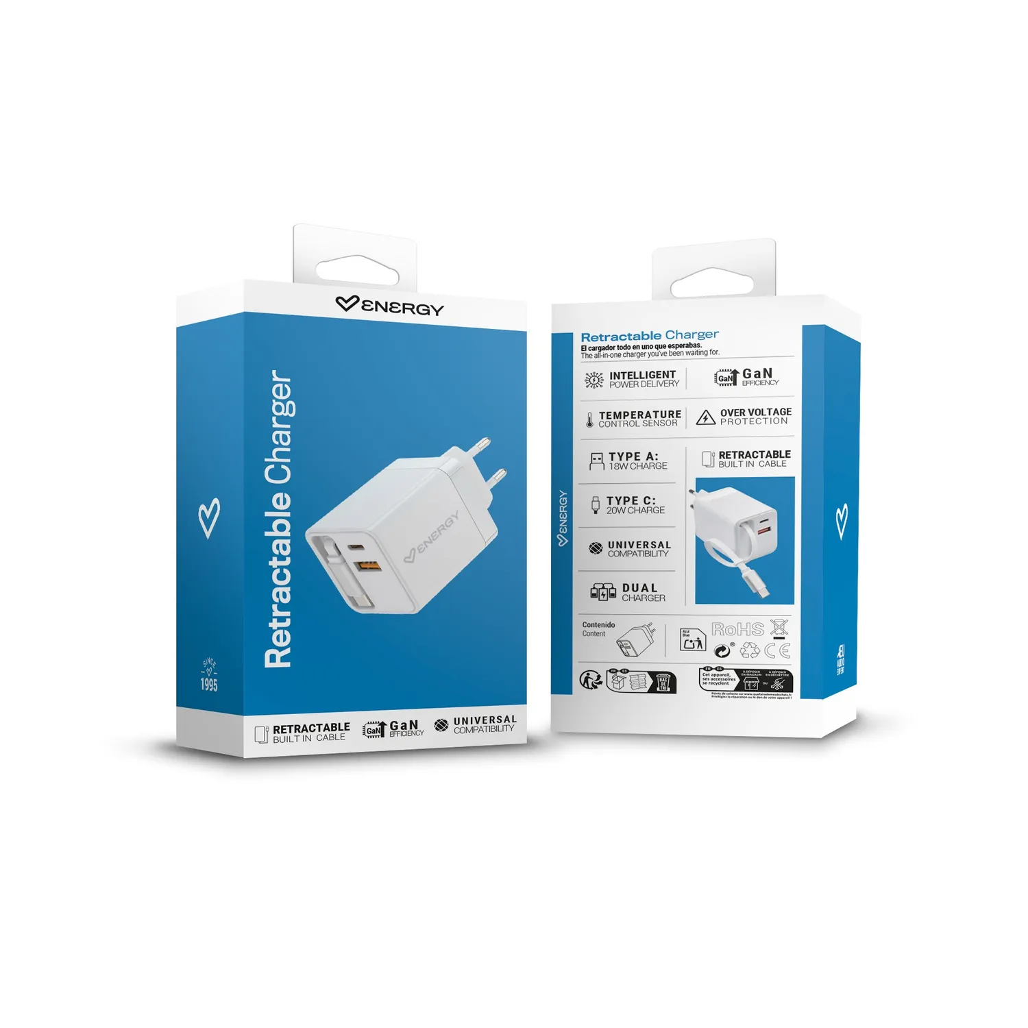 Energy Sistem Retractable Charger chargeur White 20W GaN