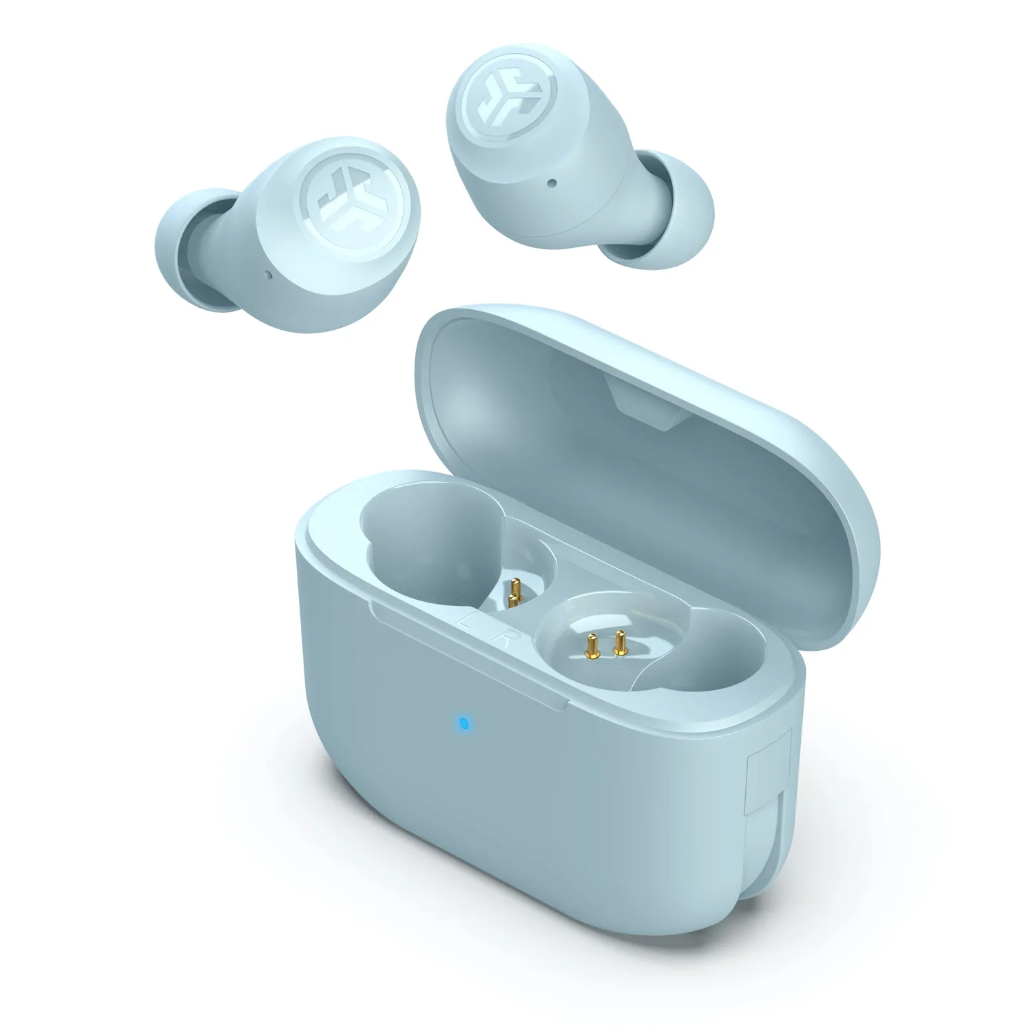 JLab Go Pop+ écouteurs light blue coffret foam