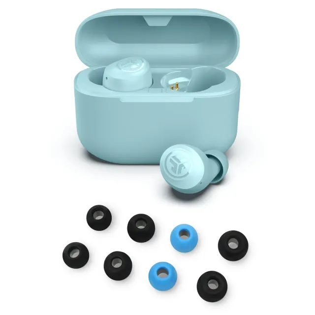 JLab Go Pop+ écouteurs light blue coffret foam