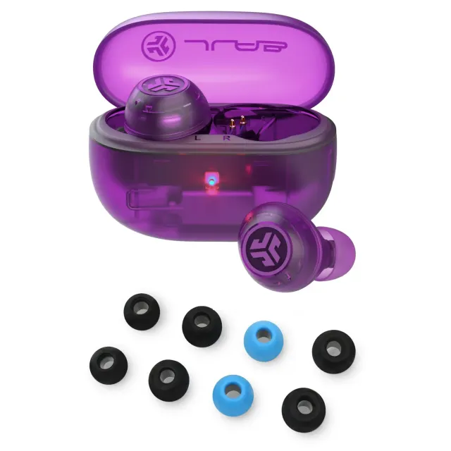 JLab Go Pop ANC écouteurs violet transparent + embouts