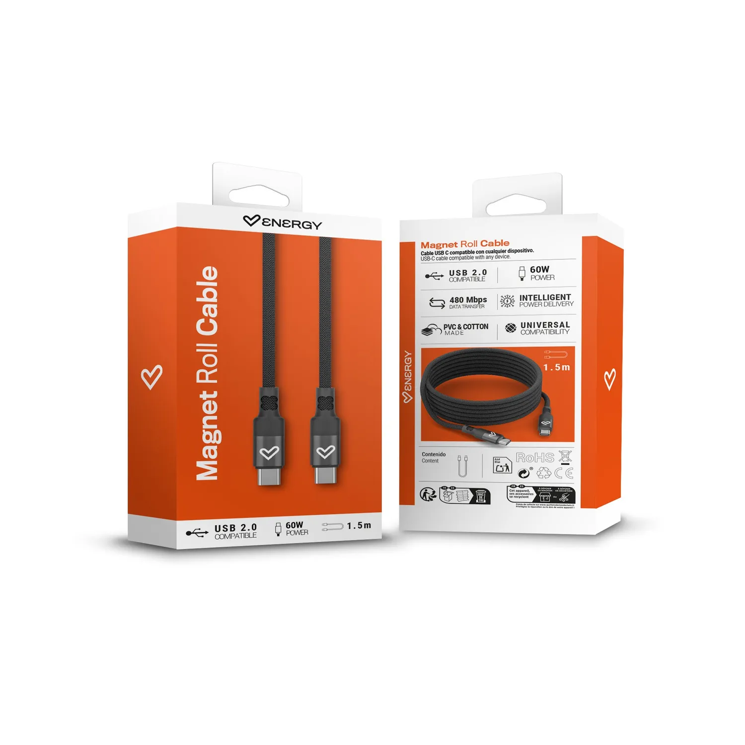 Energy Sistem Magnet Roll câble USB-C noir 1,5 m 60W